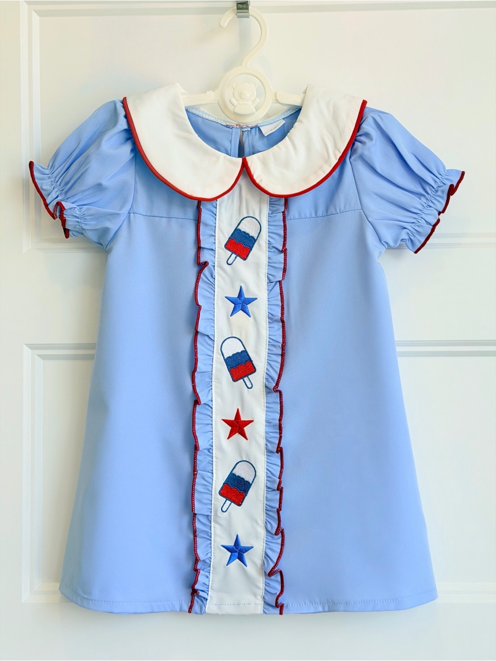 Girls Light Blue Puff Sleeve Dress with Popsicle Embroidery